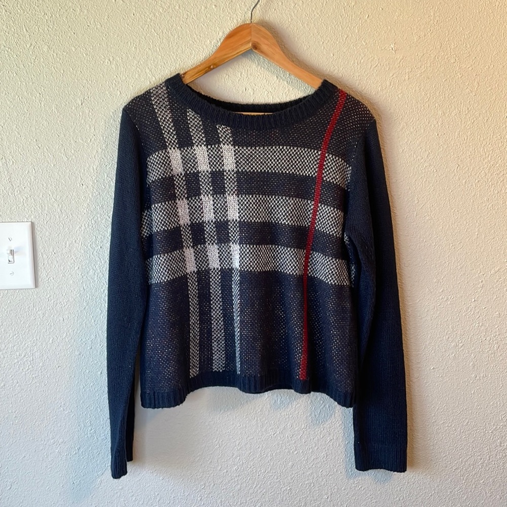 Dark Blue Plaid Design Crew Neck Sweater
